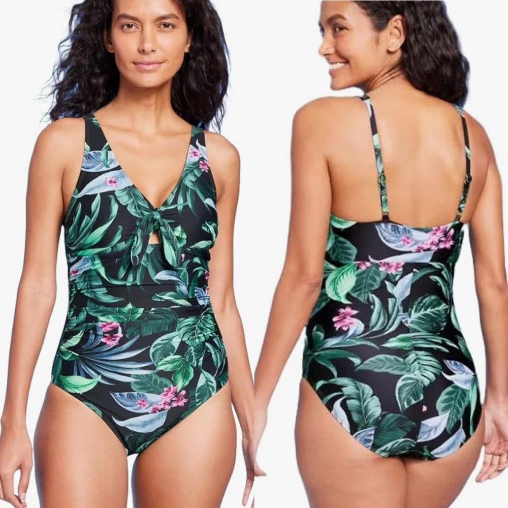 NWT $48~KONA SOL~Black Tropical Floral One-Piece Tummy Control Swimsuit~L/XL/16